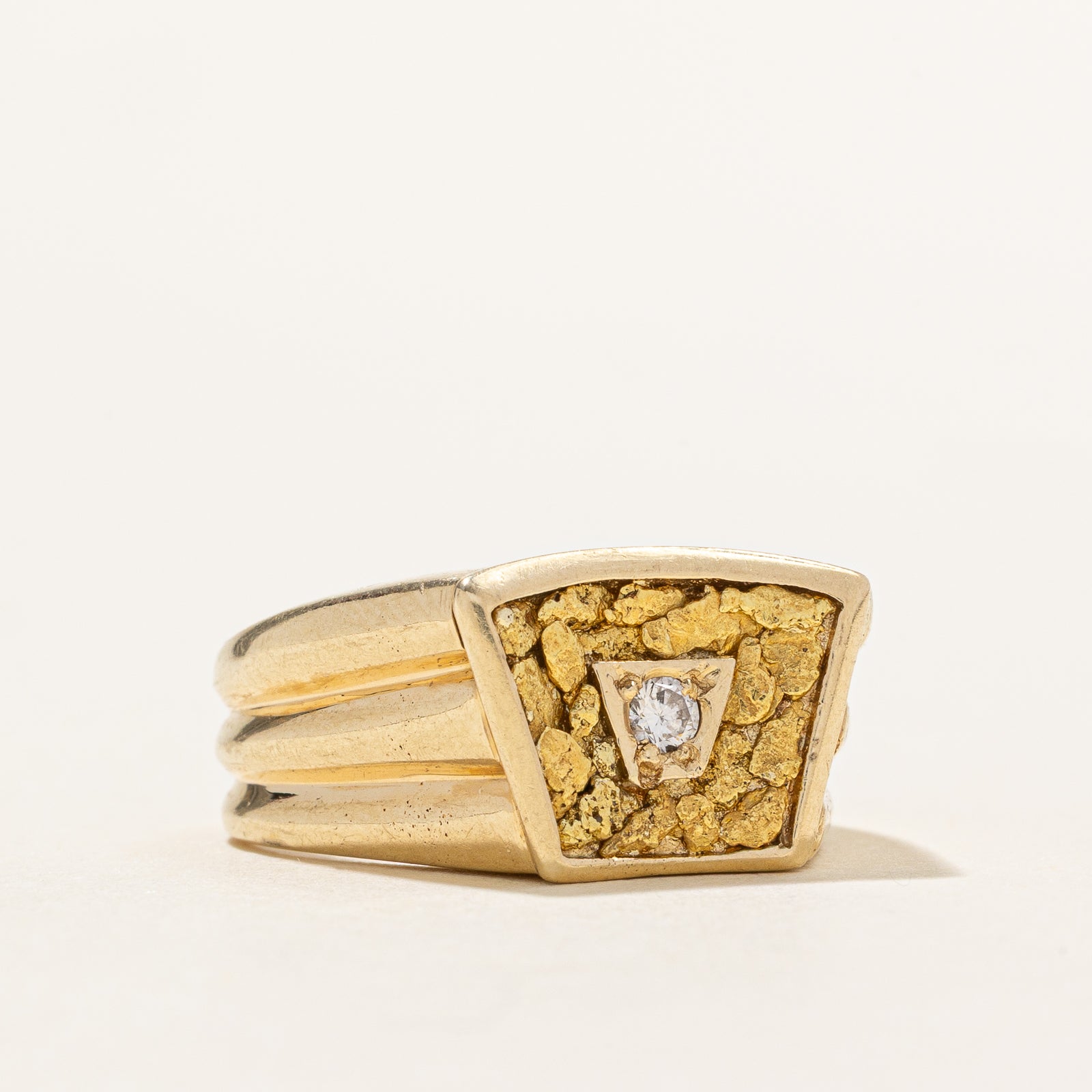 Diamond & Gold Nugget Grooved Ring | 0.05ct | SZ 6.75
