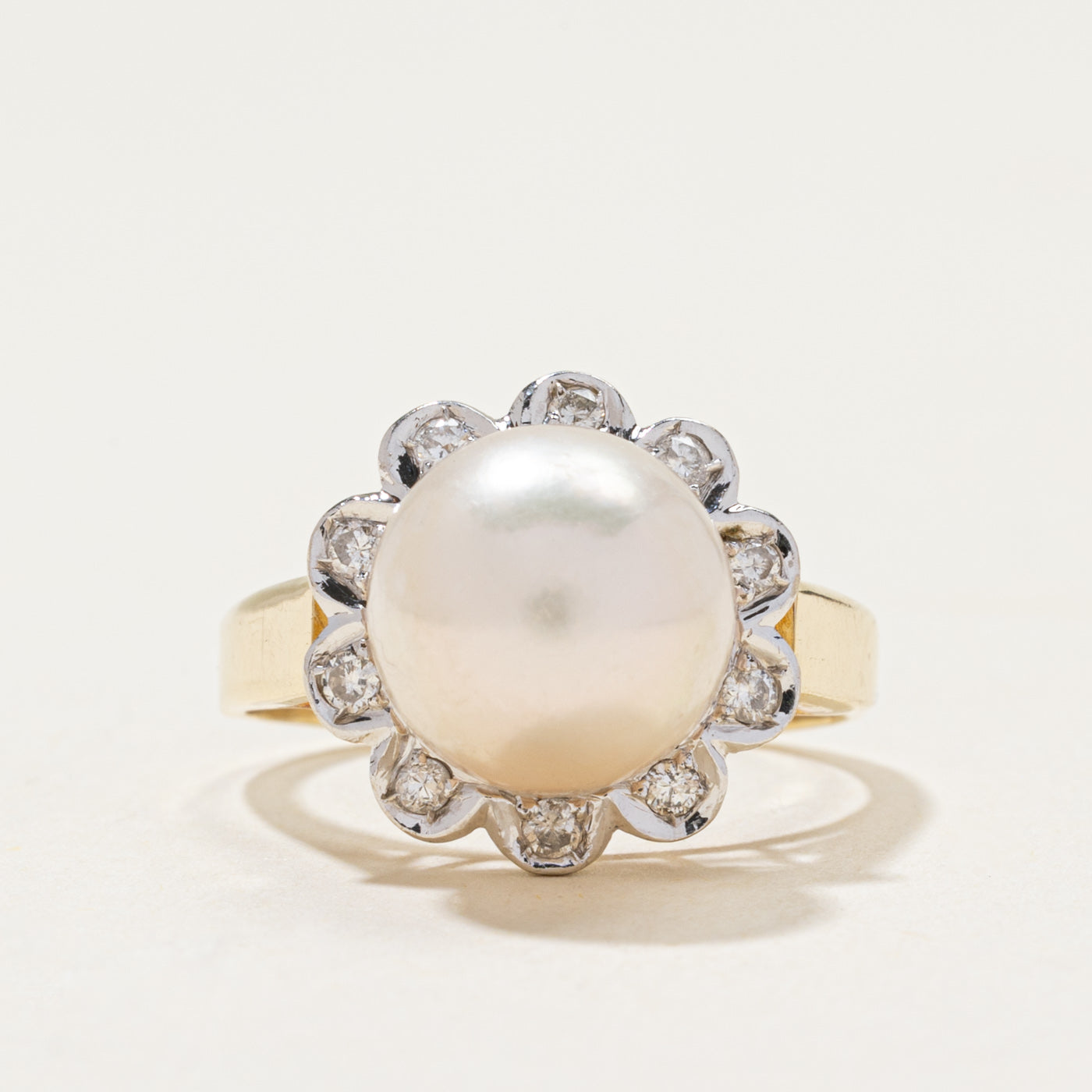 14k Pearl & Diamond Petal Ring | 0.20ctw | SZ 6.75