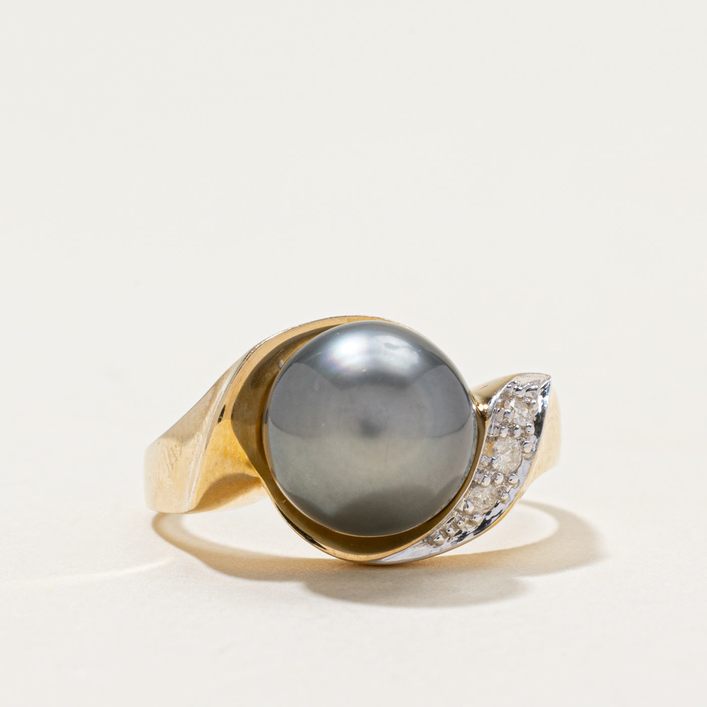 Black Pearl & Diamond Bypass Ring | 0.07ctw | SZ 8