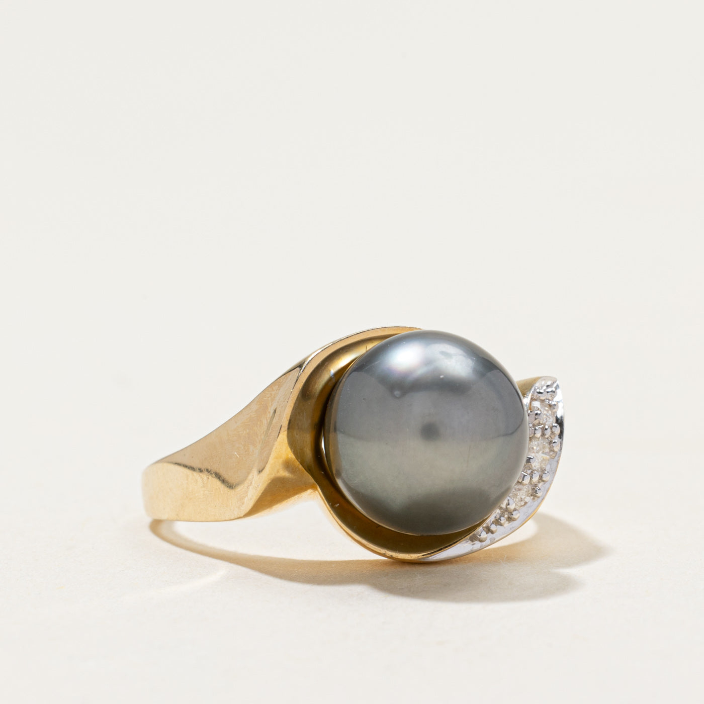 Black Pearl & Diamond Bypass Ring | 0.07ctw | SZ 8