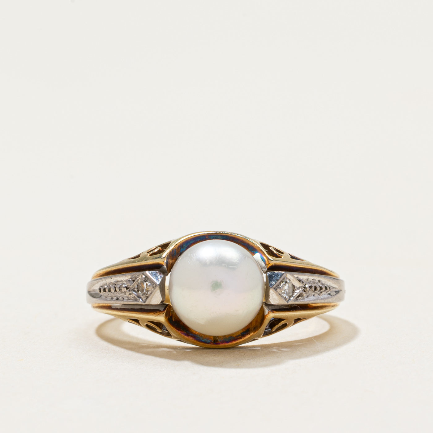 Pearl & Diamond Scrollwork Ring | 0.02ctw | SZ 5.25