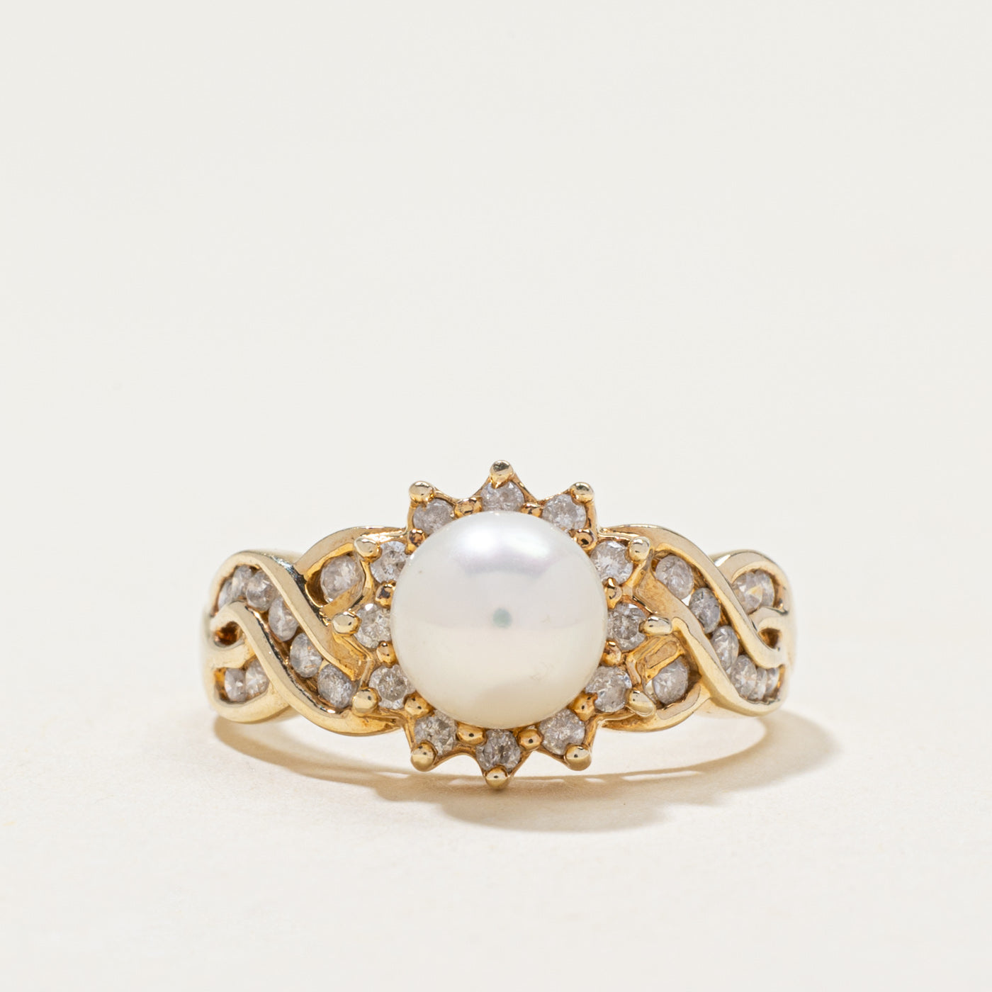 Pearl & Diamond Petal Cross Over Ring | 0.37ctw | SZ 7.25