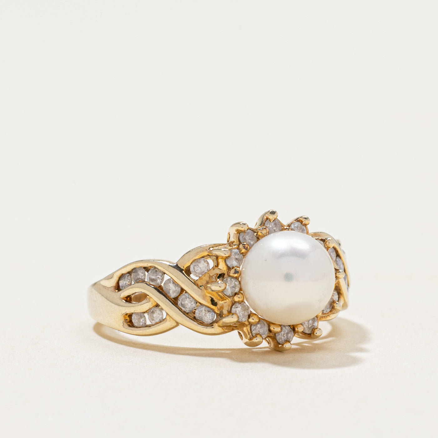 Pearl & Diamond Petal Cross Over Ring | 0.37ctw | SZ 7.25