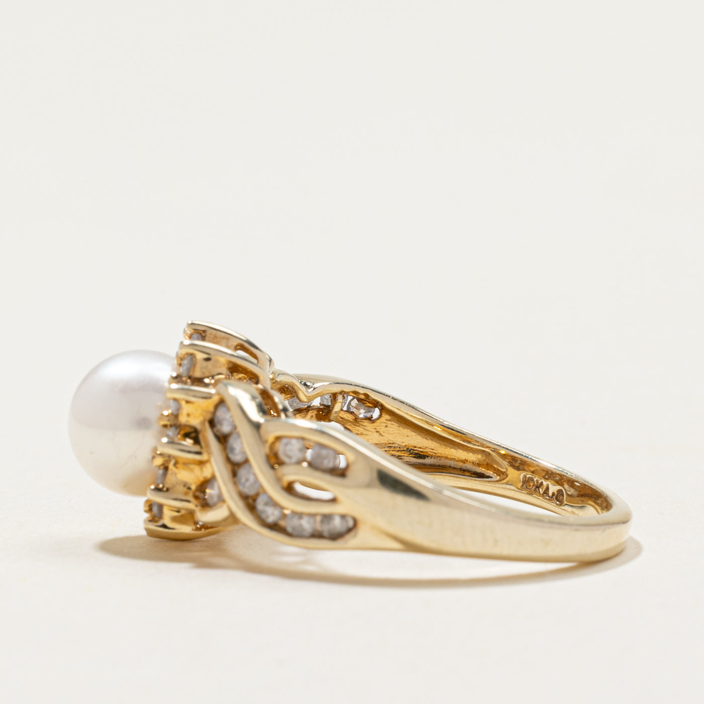 Pearl & Diamond Petal Cross Over Ring | 0.37ctw | SZ 7.25