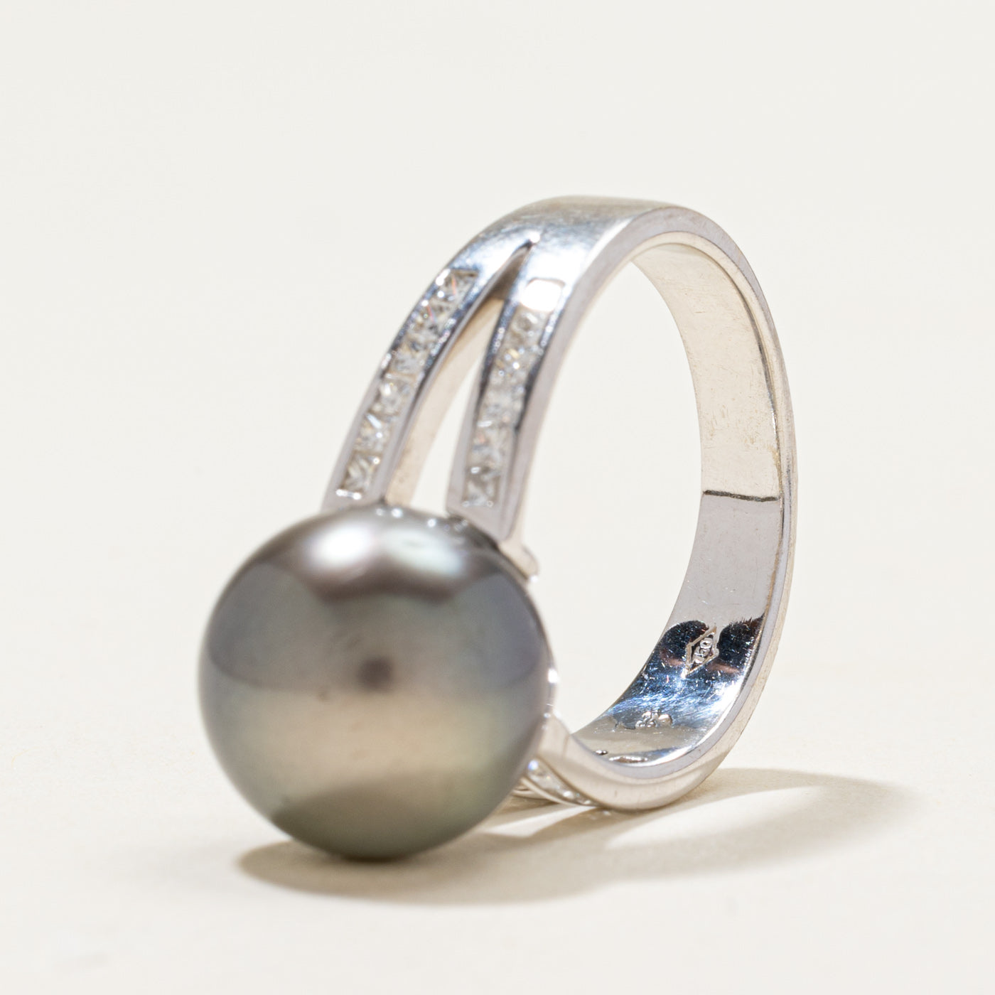 Black Pearl & Diamond Open Shank Ring | 0.75ctw | SZ 6