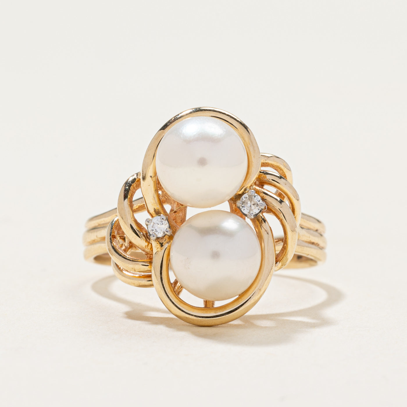 14k Pearl & Diamond Openwork Cocktail Ring | 0.06ctw | SZ 8.5