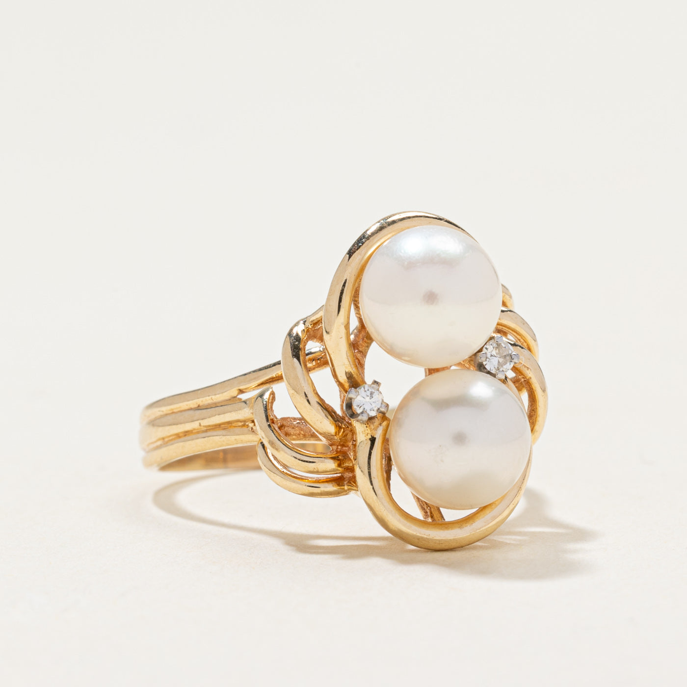 14k Pearl & Diamond Openwork Cocktail Ring | 0.06ctw | SZ 8.5