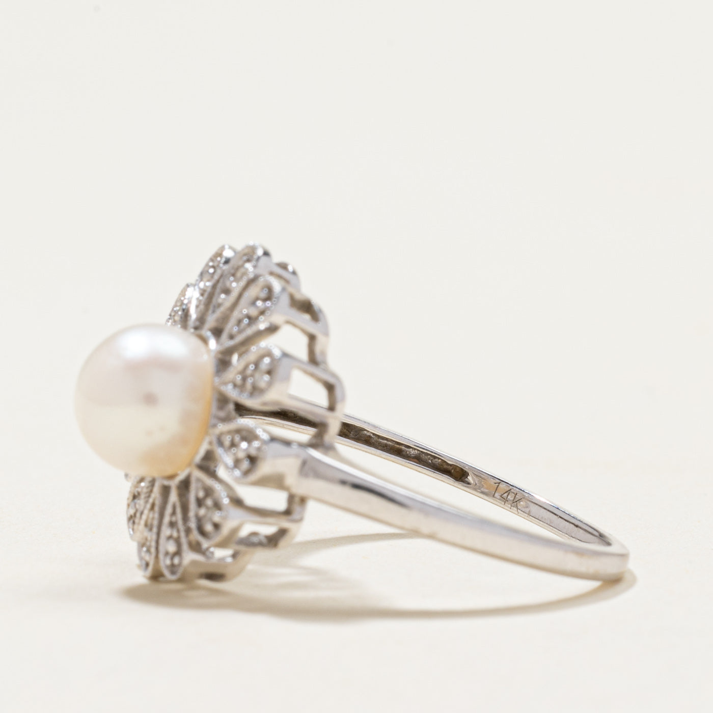 Pearl & Diamond Flower Cocktail Ring | 0.02ctw | SZ 7