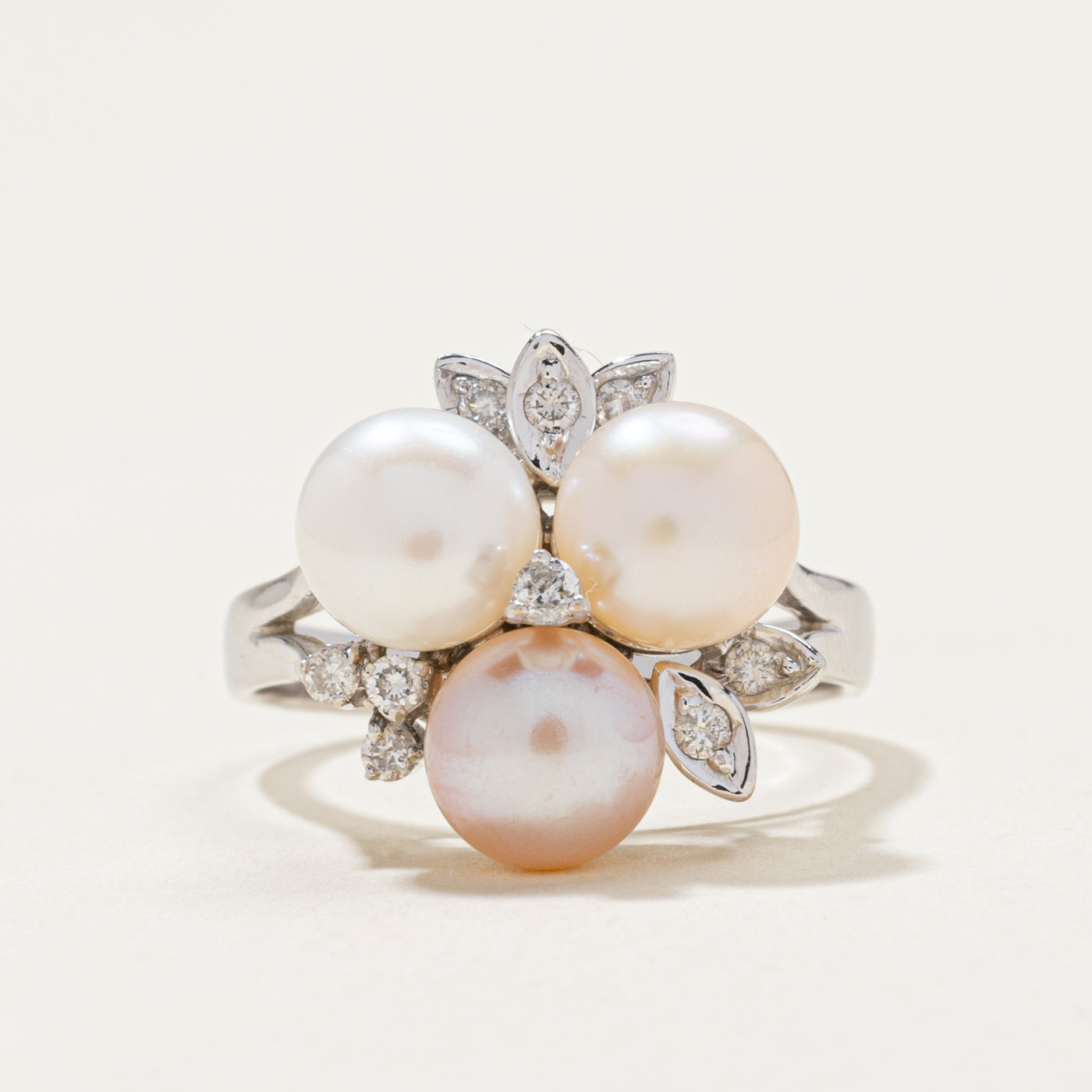 14k Pearl & Diamond Floral Cocktail Ring | 0.22ctw | SZ 8
