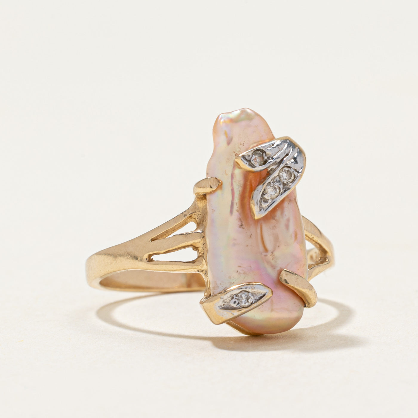 10k Pink Baroque Pearl & Diamond Ring | 0.04ctw | SZ 6.75