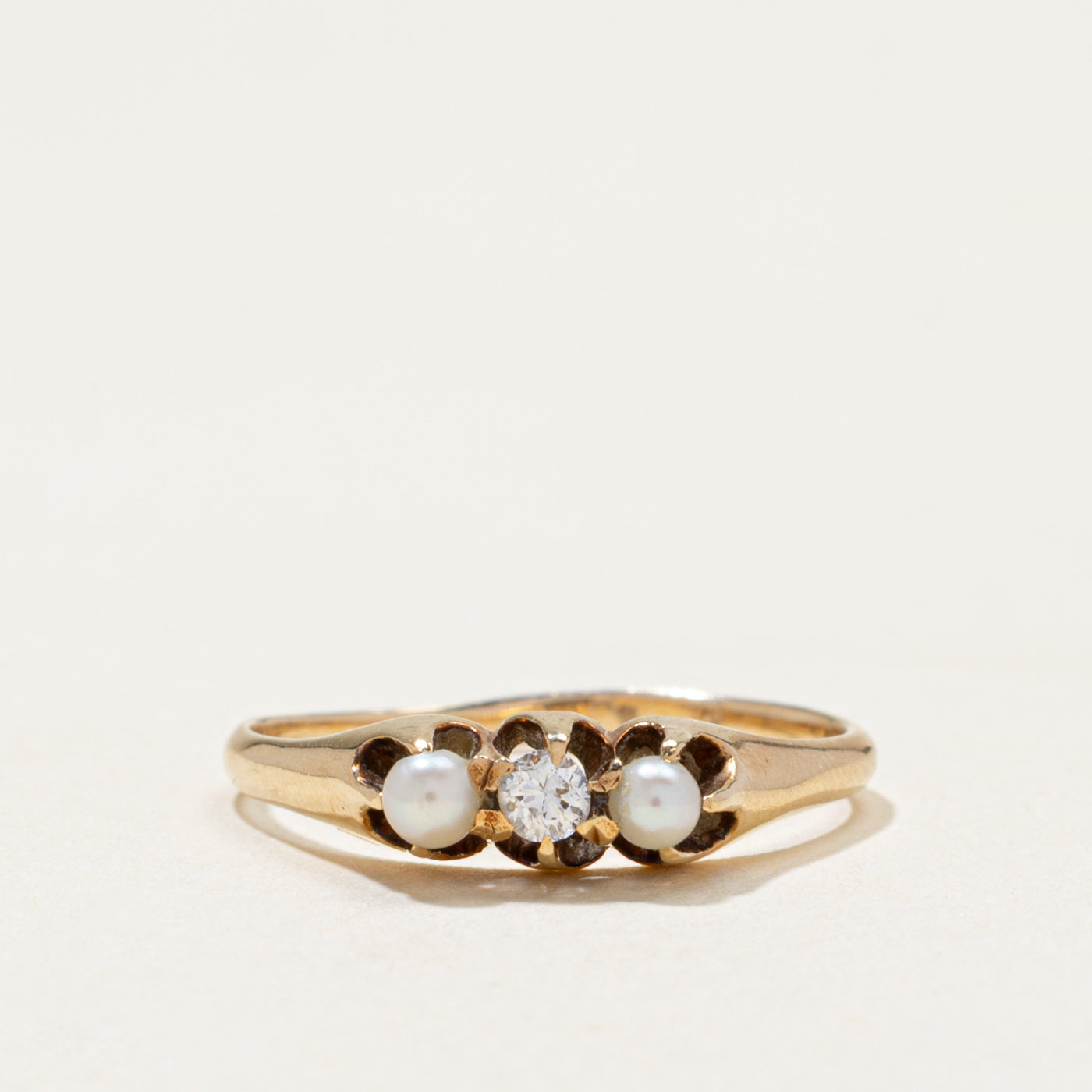 Three Stone Belcher Set Diamond & Pearl Ring | 0.06ct | SZ 5.5