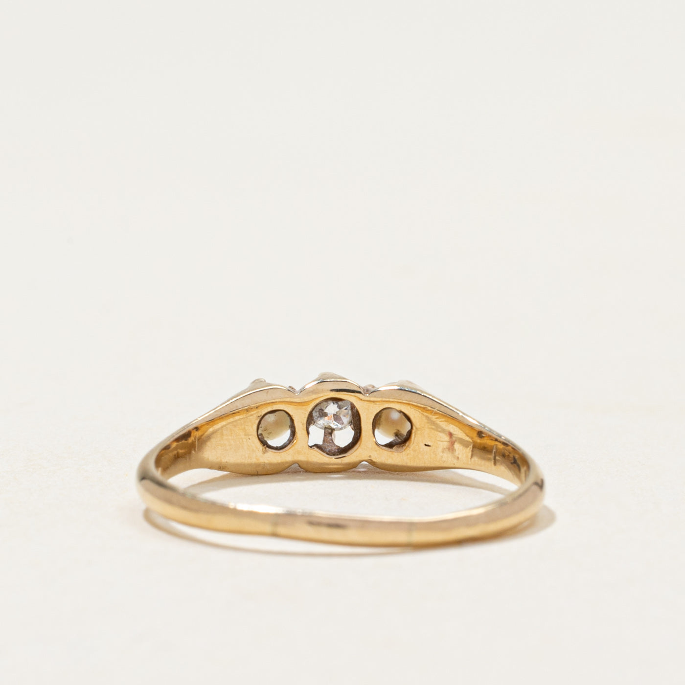 Three Stone Belcher Set Diamond & Pearl Ring | 0.06ct | SZ 5.5
