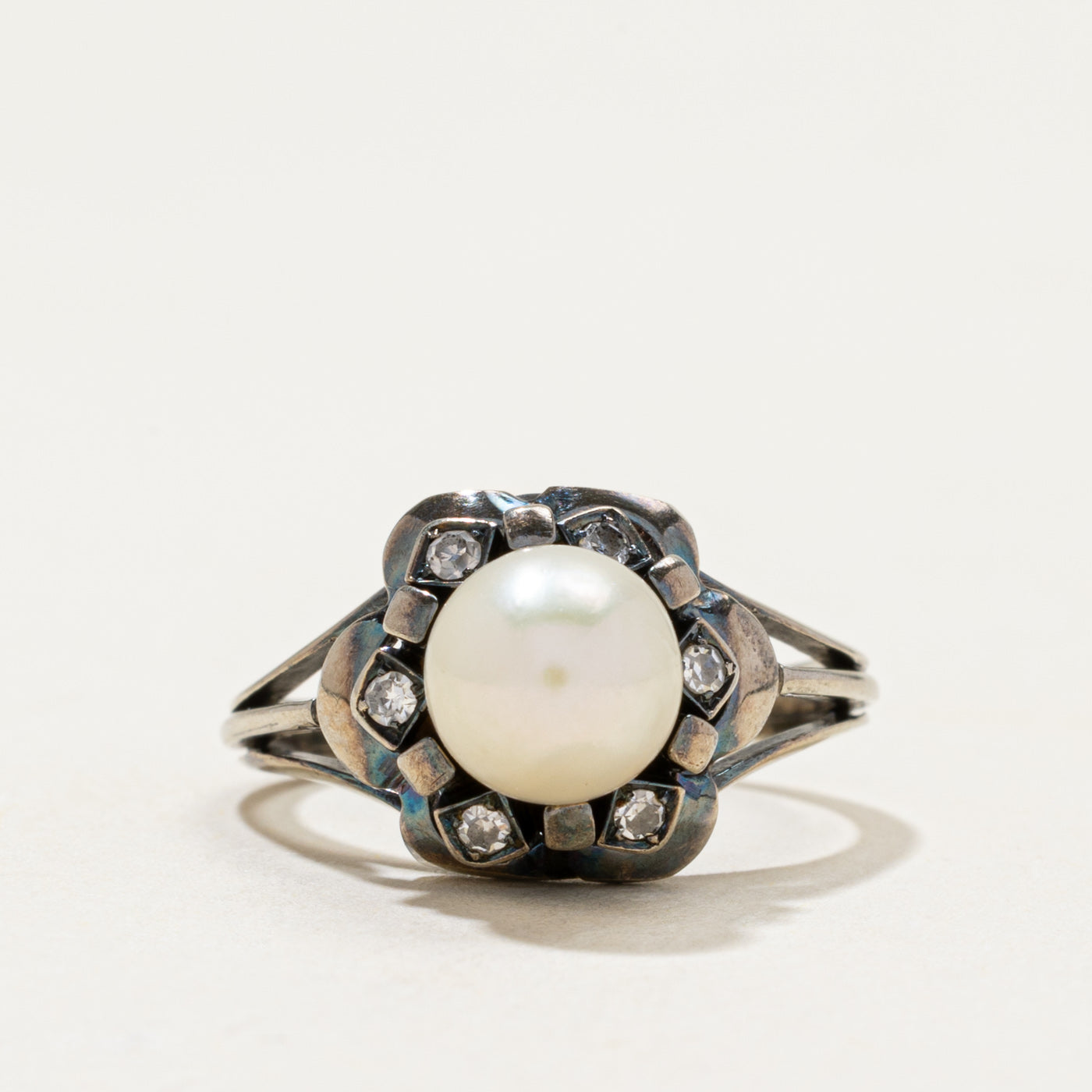 Pearl & Diamond Flower Cocktail Ring | 0.09ctw | SZ 5.75