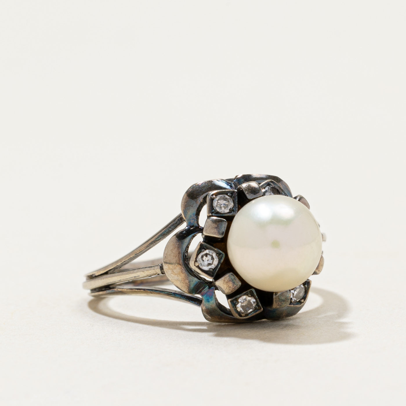 Pearl & Diamond Flower Cocktail Ring | 0.09ctw | SZ 5.75
