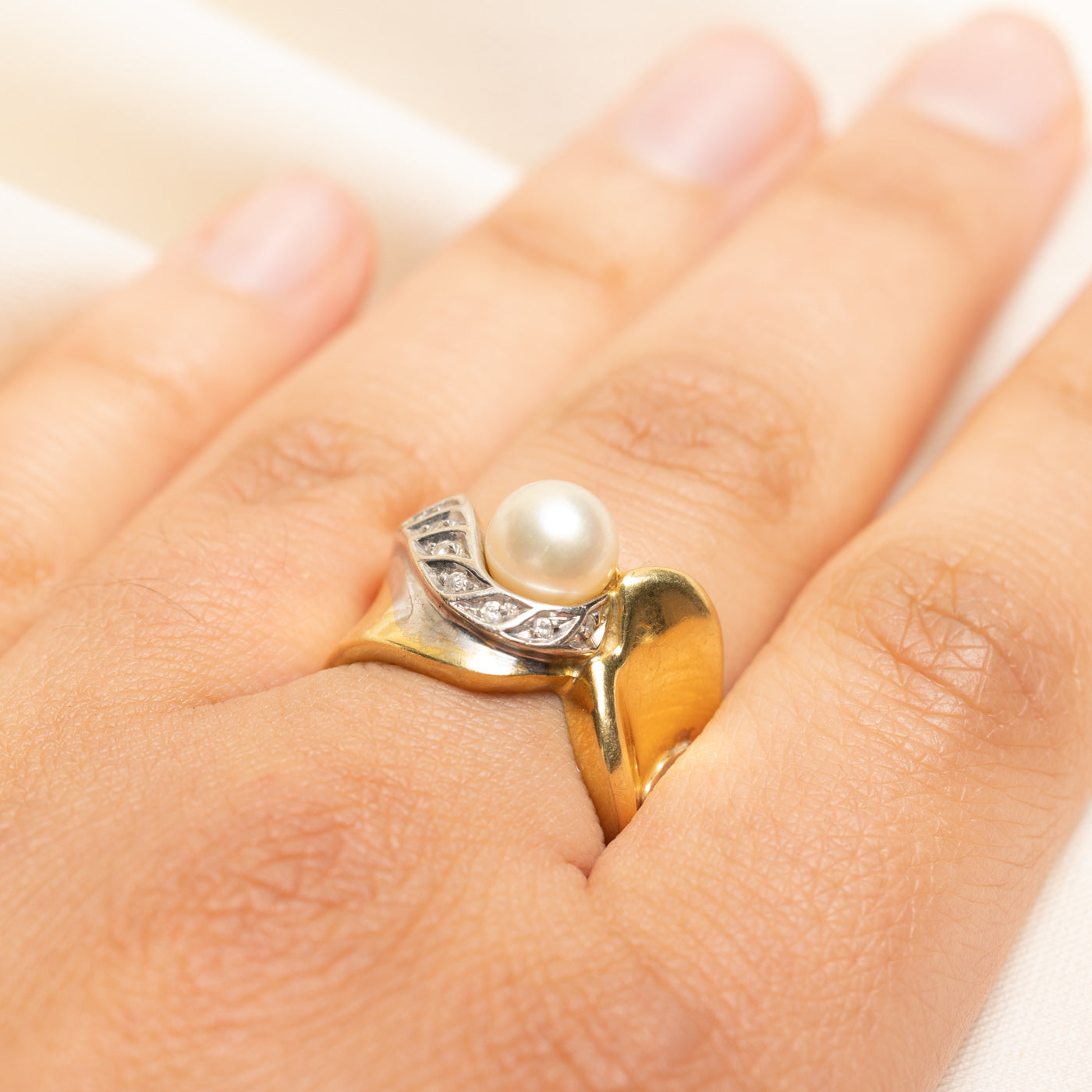 Pearl & Diamond Cocktail Ring | 0.05ctw | SZ 7.5