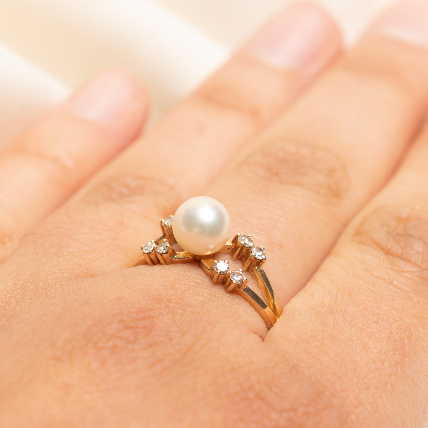 14k Pearl & Diamond Open Shank Ring | 0.24ctw | SZ 9