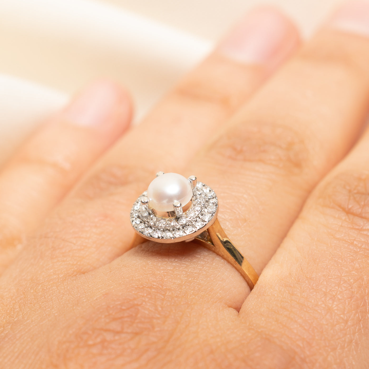 Pearl & Diamond Double Halo Ring | 0.50ctw | SZ 8.25