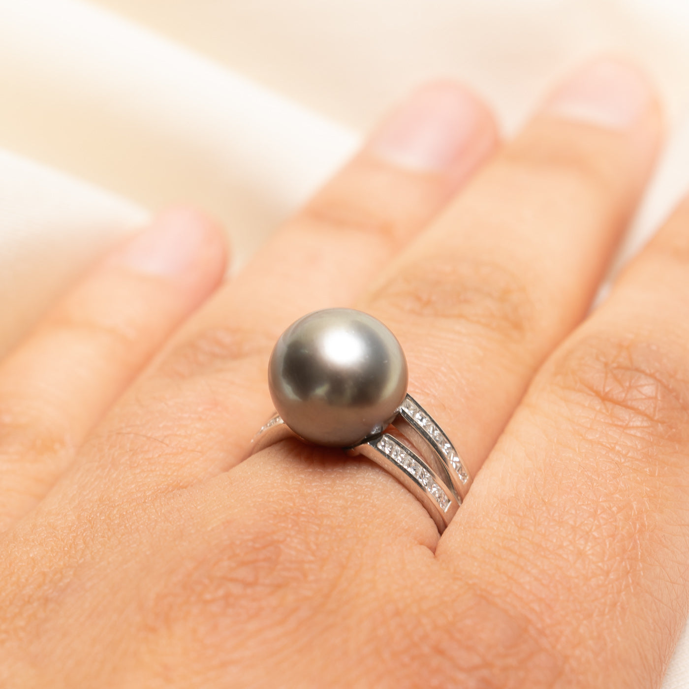 Black Pearl & Diamond Open Shank Ring | 0.75ctw | SZ 6