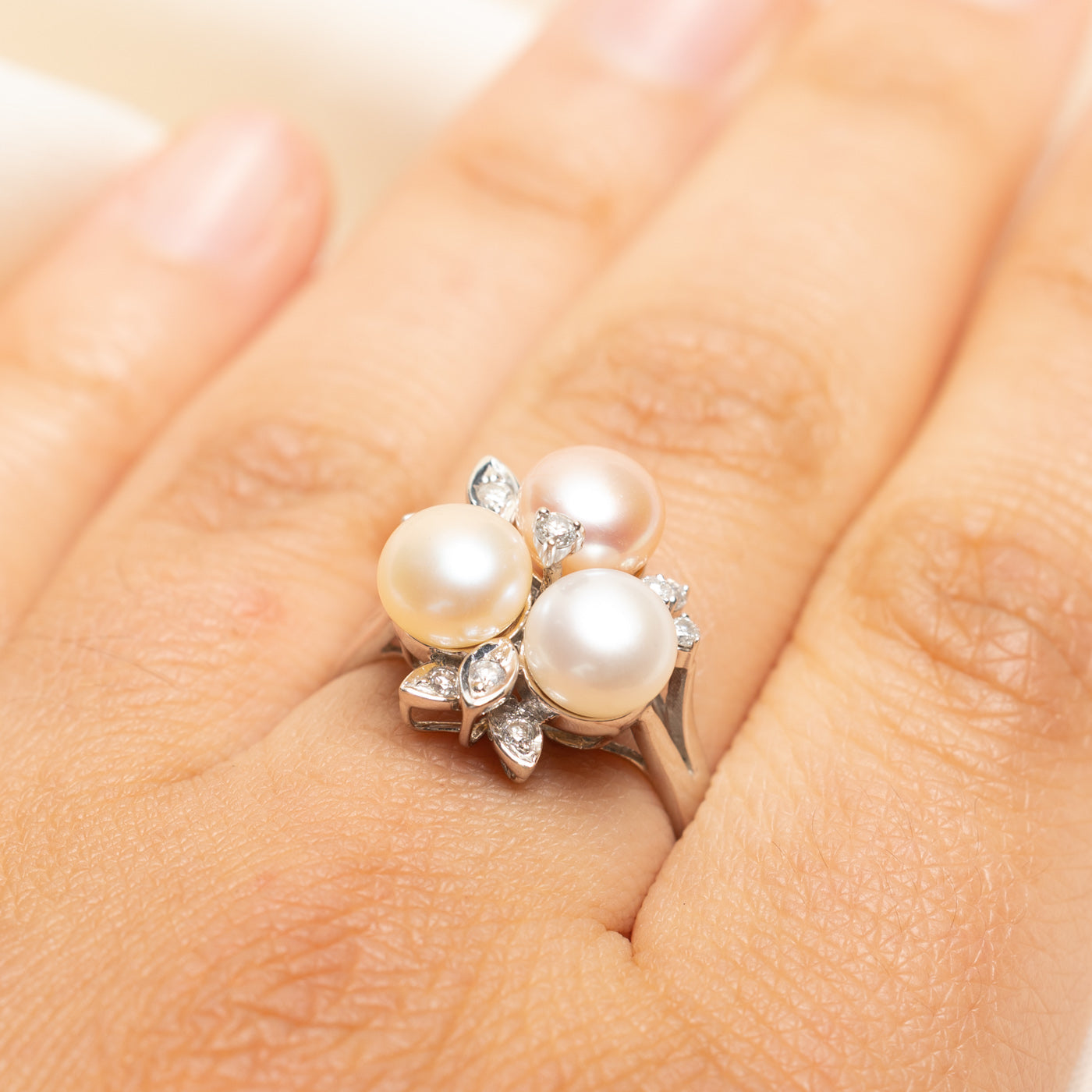 14k Pearl & Diamond Floral Cocktail Ring | 0.22ctw | SZ 8