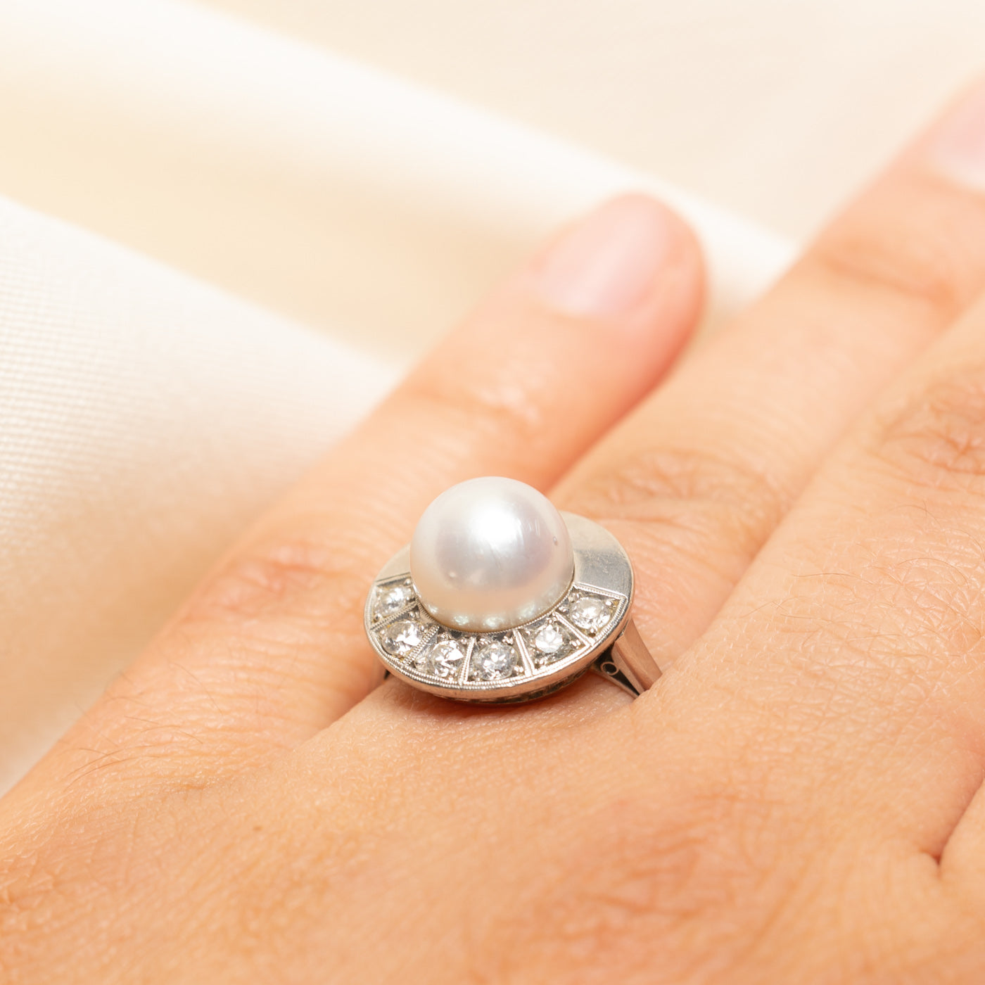 Platinum Pearl & Diamond Cocktail Ring | 0.36ctw | SZ 7.25