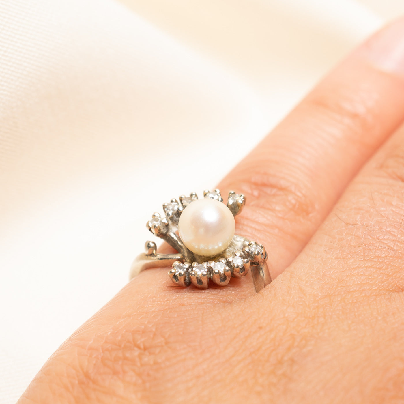 14k Pearl & Diamond Cocktail Ring | 0.24ctw | SZ 4.5