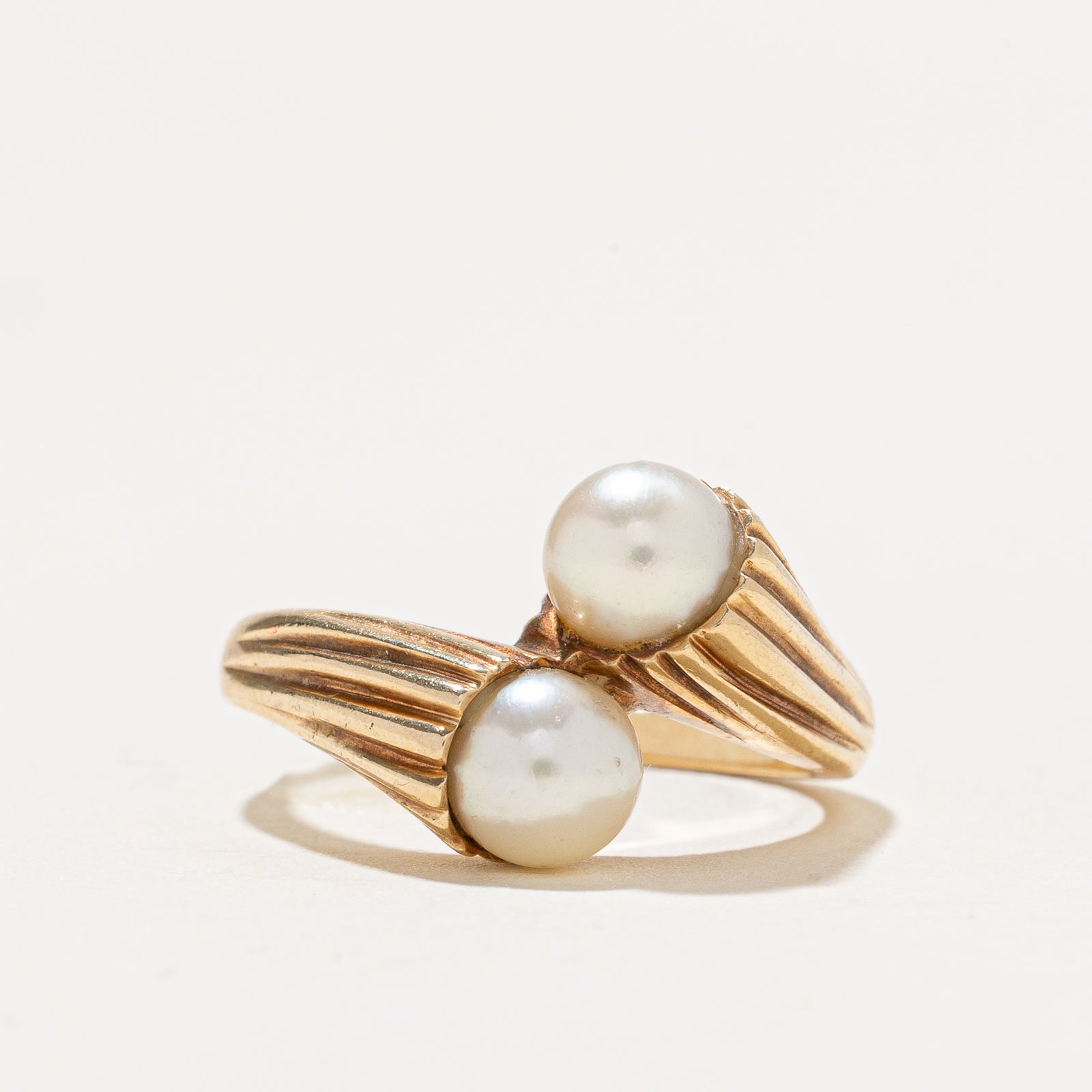Two Stone Pearl Grooved Bypass Ring | SZ 6.25