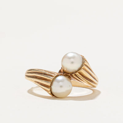 Two Stone Pearl Grooved Bypass Ring | SZ 6.25