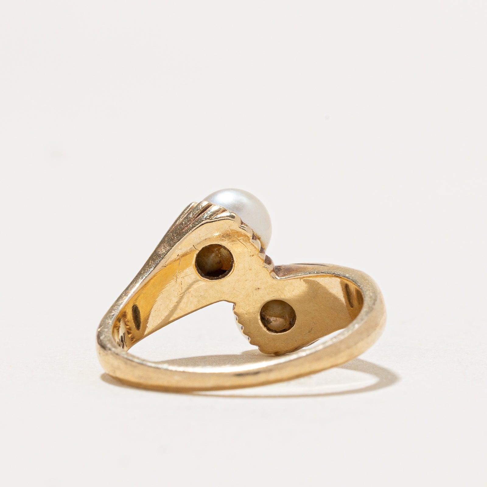 Two Stone Pearl Grooved Bypass Ring | SZ 6.25