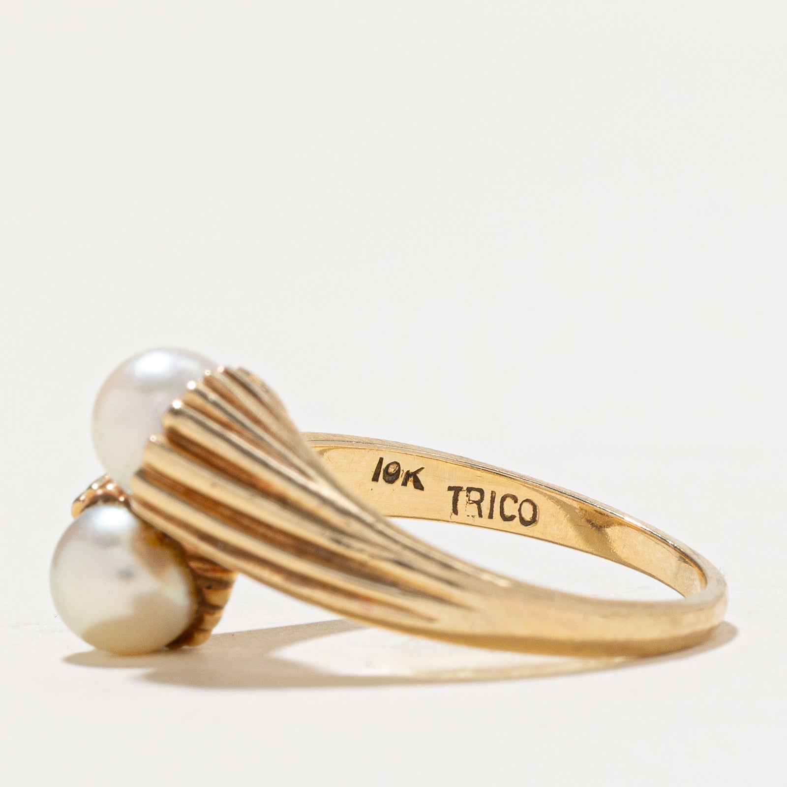 Two Stone Pearl Grooved Bypass Ring | SZ 6.25