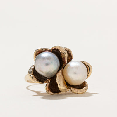Two Stone Pearl Flower Cocktail Ring | SZ 6