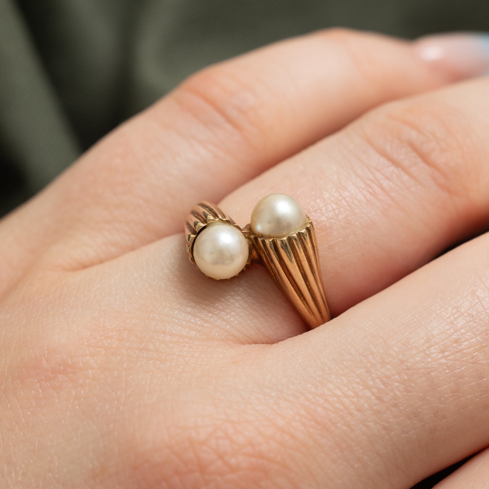 Two Stone Pearl Grooved Bypass Ring | SZ 6.25