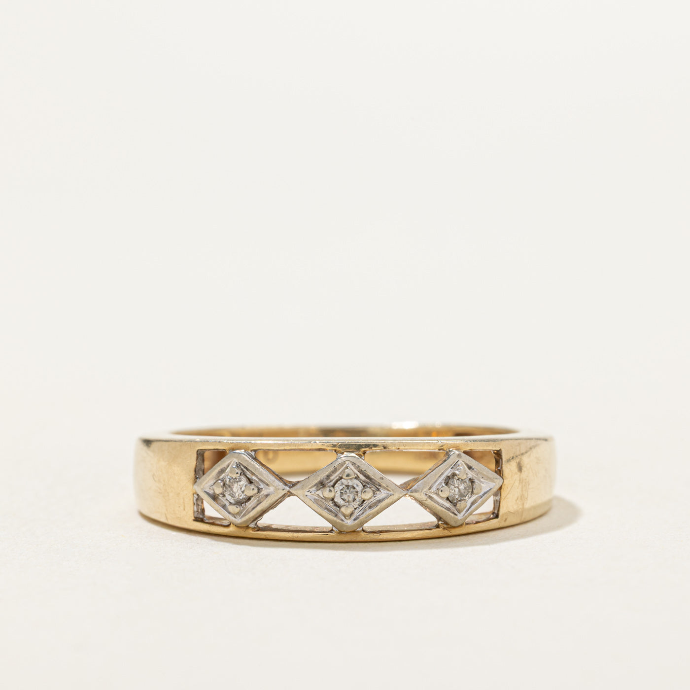 10K Three Stone Diamond Rhombus Open Work Ring | 0.05ctw | SZ 10.5