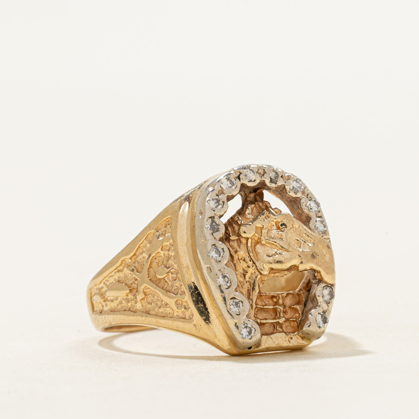 Two-Tone Diamond Engraved Horseshoe Ring | SZ 6.5