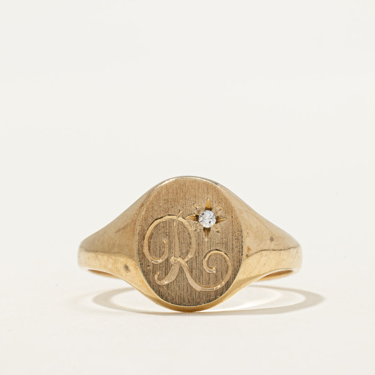 Signet Ring Letter R Diamond 'R' Initial Signet Ring | 0.01ct | SZ 6.25