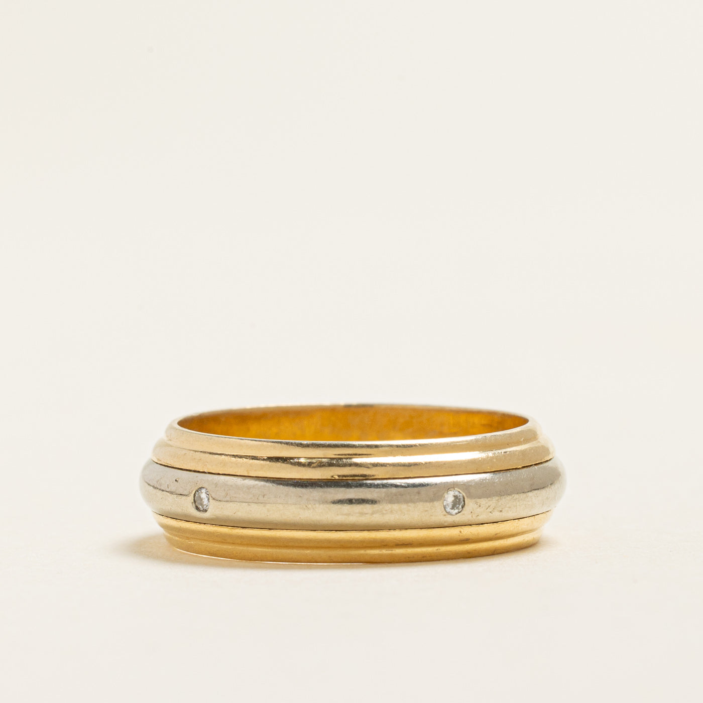 18k Two Tone Flush Set Diamond Grooved Band | 0.04ctw | 6.00mm | SZ 7