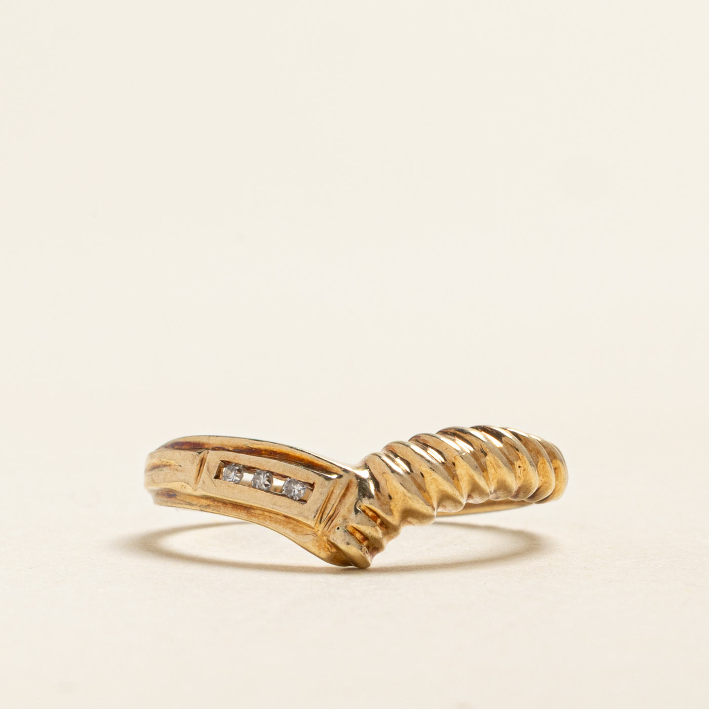 Yellow Gold Diamond Grooved Chevron Ring | 0.02ctw | SZ 5.75