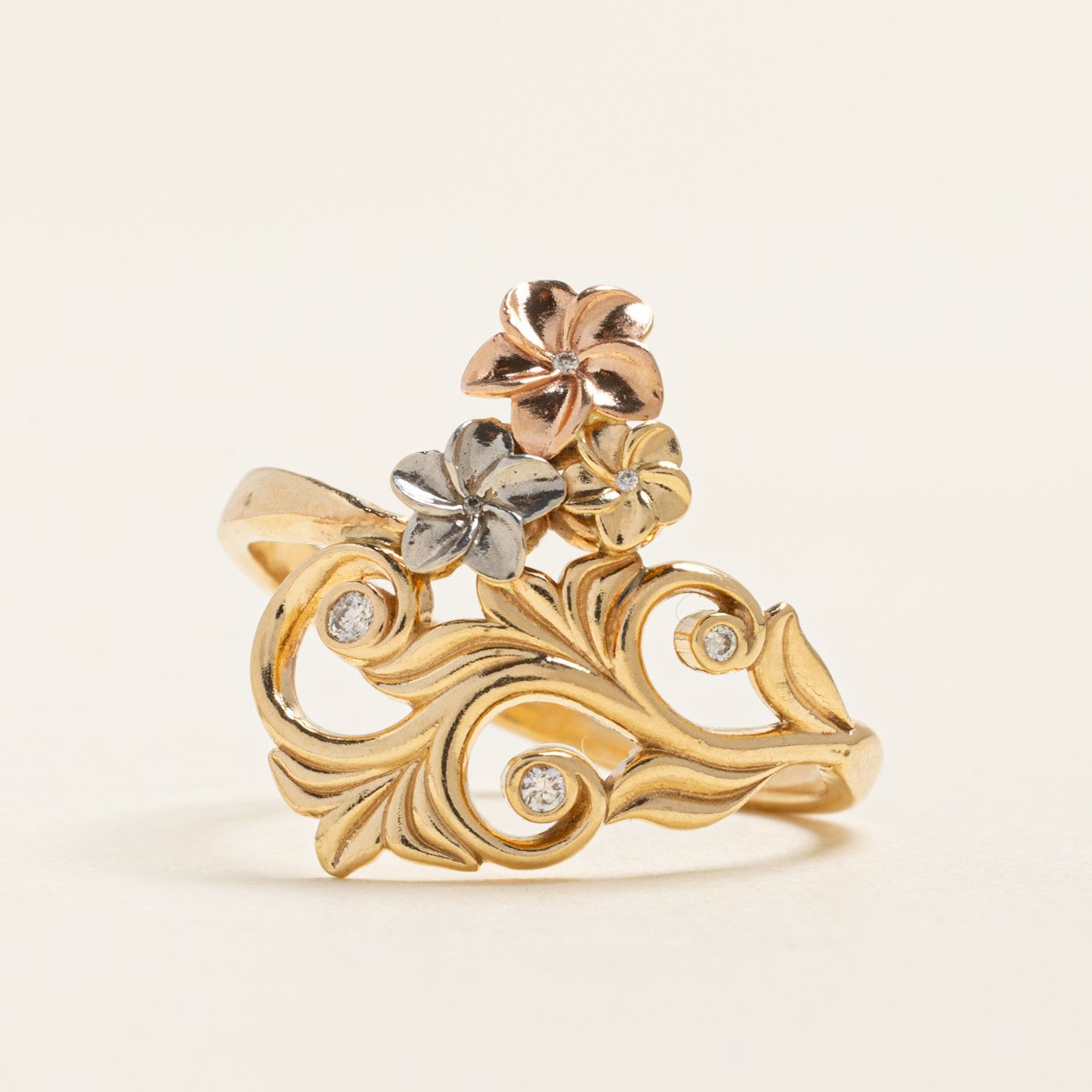 Tri Tone Gold Diamond Floral Ring | 0.03ctw | SZ 6.25