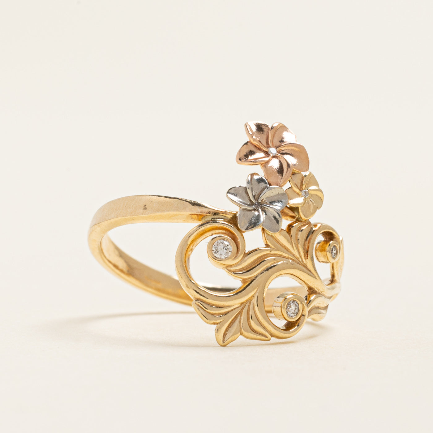 Tri Tone Gold Diamond Floral Ring | 0.03ctw | SZ 6.25