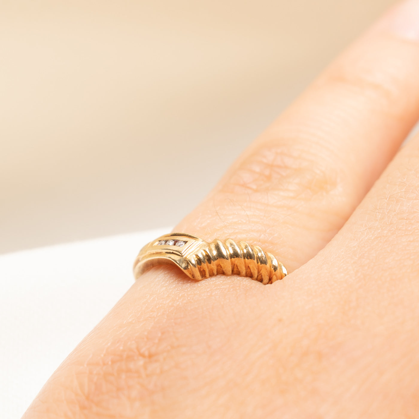 Yellow Gold Diamond Grooved Chevron Ring | 0.02ctw | SZ 5.75