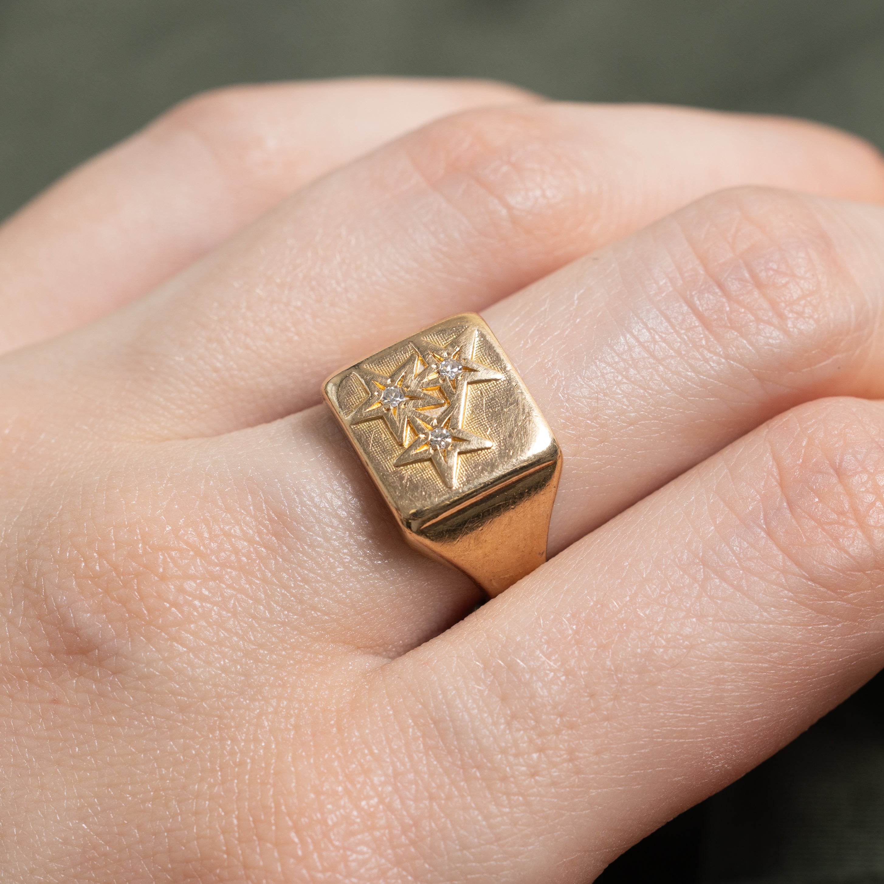 Three Stone Diamond Star Signet Ring | SZ 7