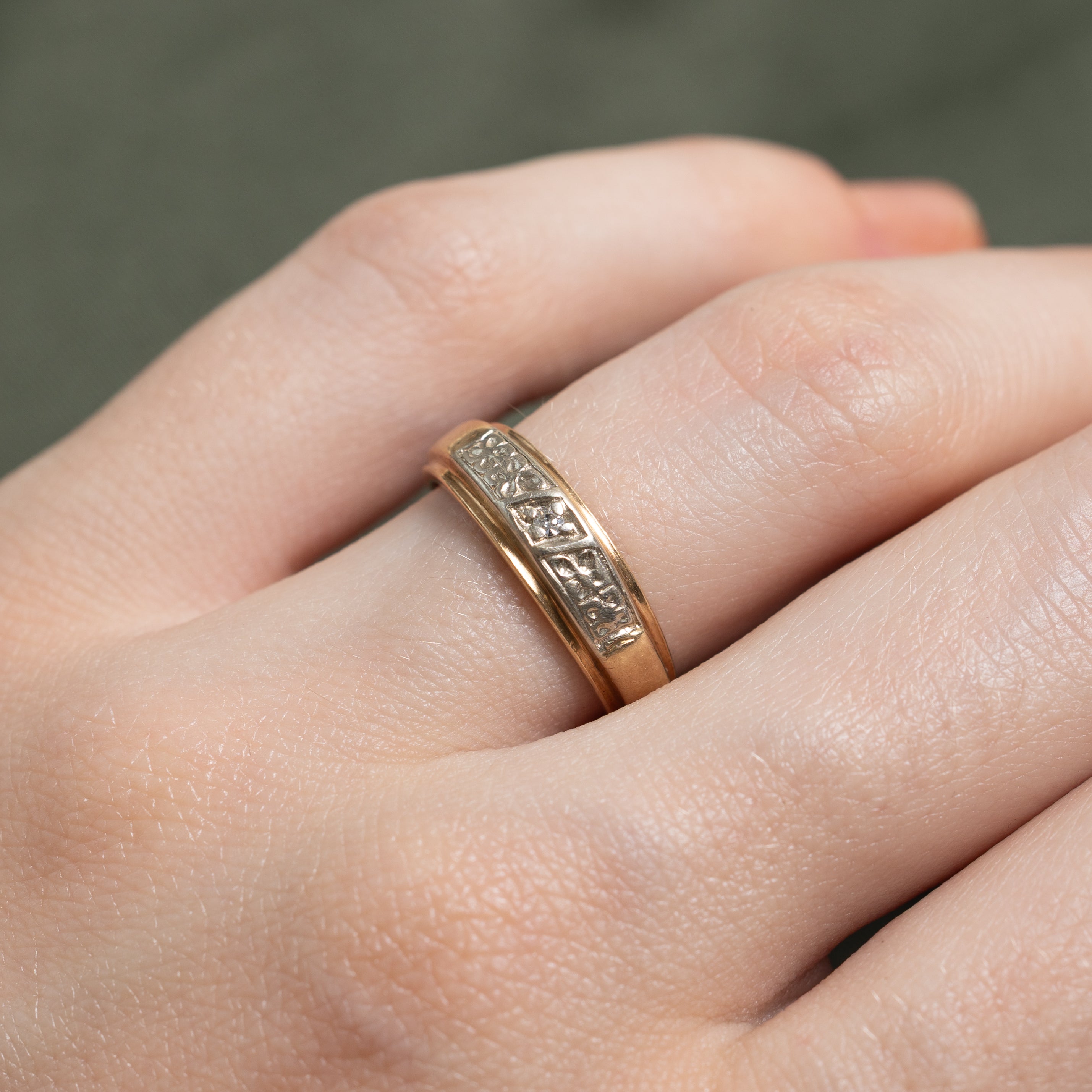 Two Tone Diamond Floral Engraved Band | SZ 5.5