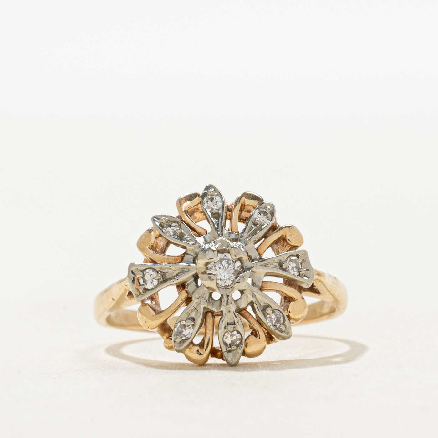 Two Tone Gold Diamond Floral Cocktail Ring | SZ 6.5