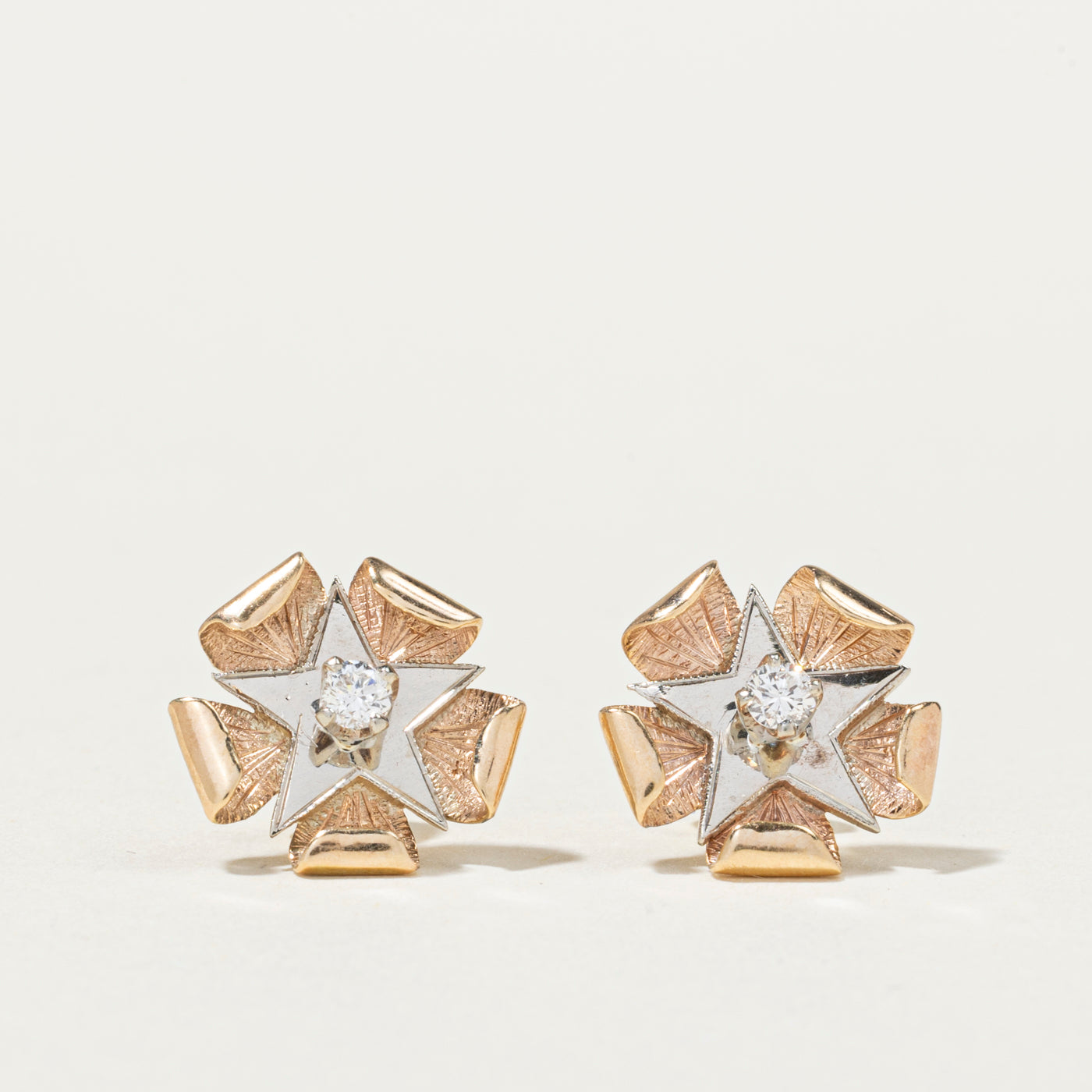 10K Two Tone Gold Diamond Textured Star Stud Earrings | 0.12ctw