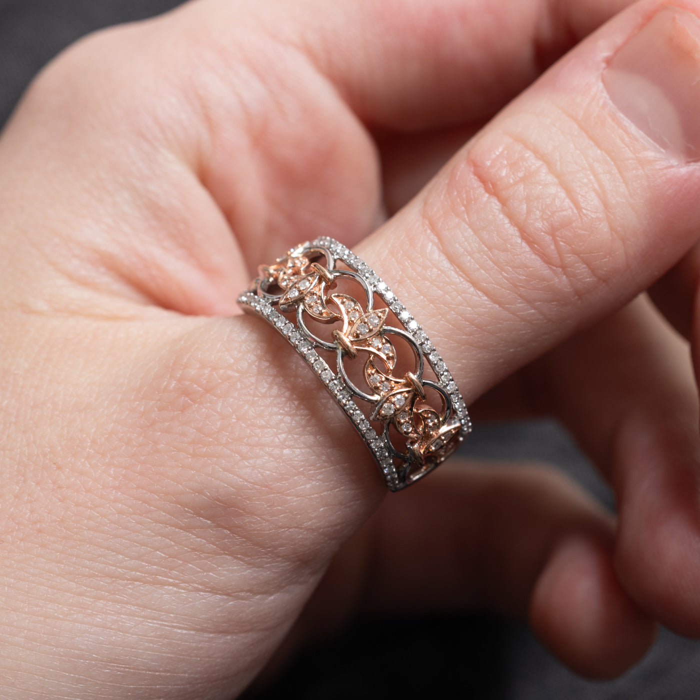 Two Tone Pave Set Diamond Floral Openwork Band | SZ 9.5 |