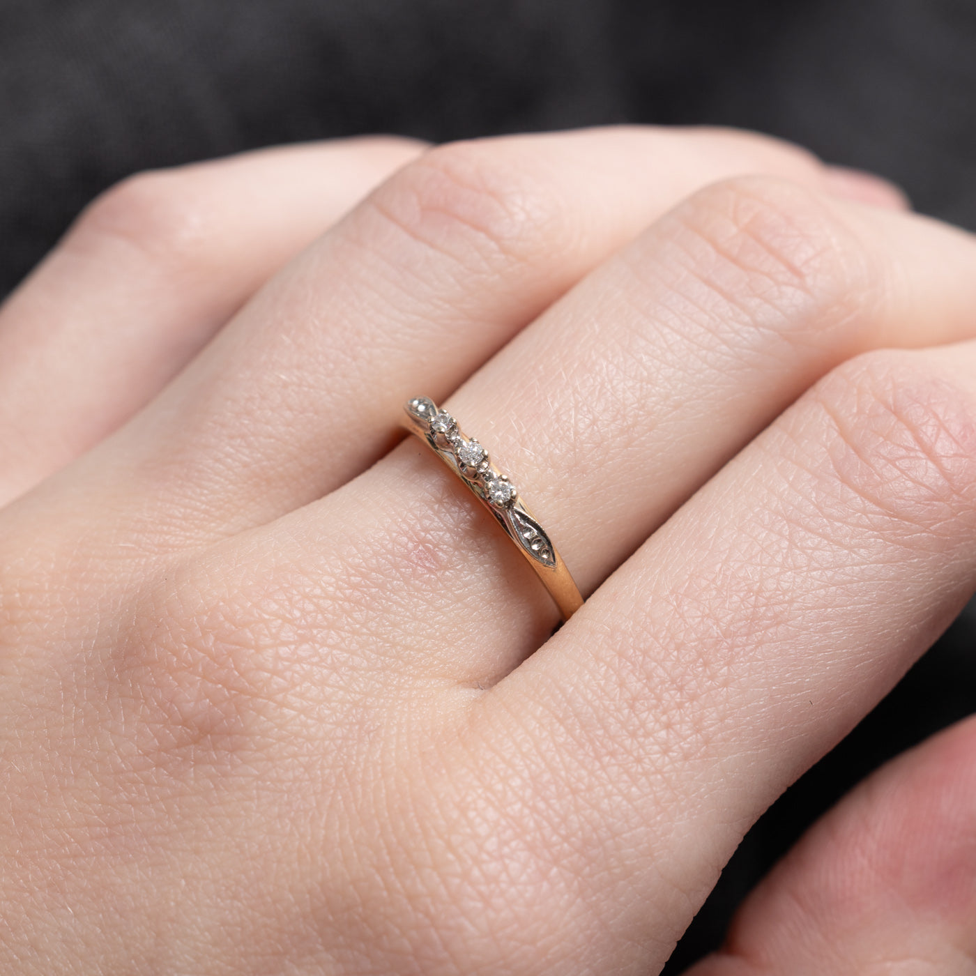 Two Tone Gold Three Stone Diamond Thin Ring | SZ 6.75 |