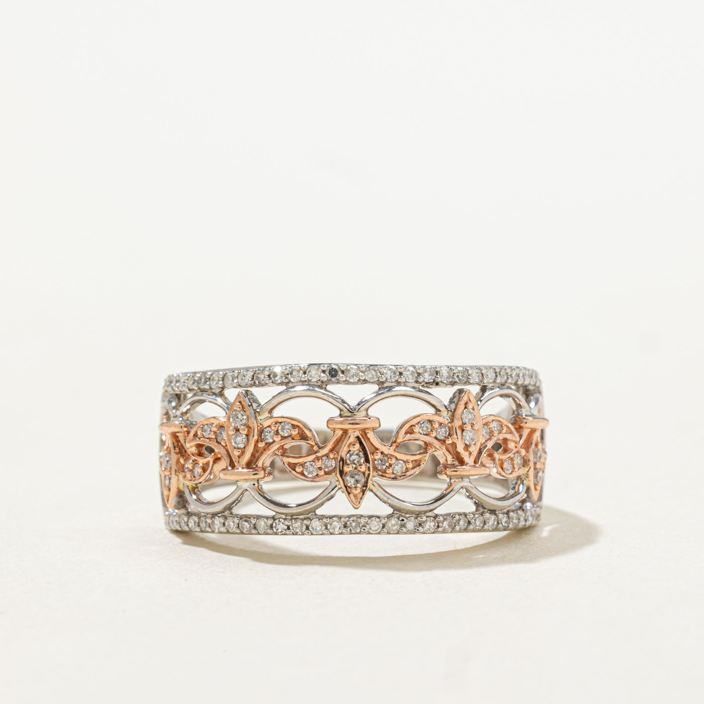 Two Tone Pave Set Diamond Floral Openwork Band | SZ 9.5 |