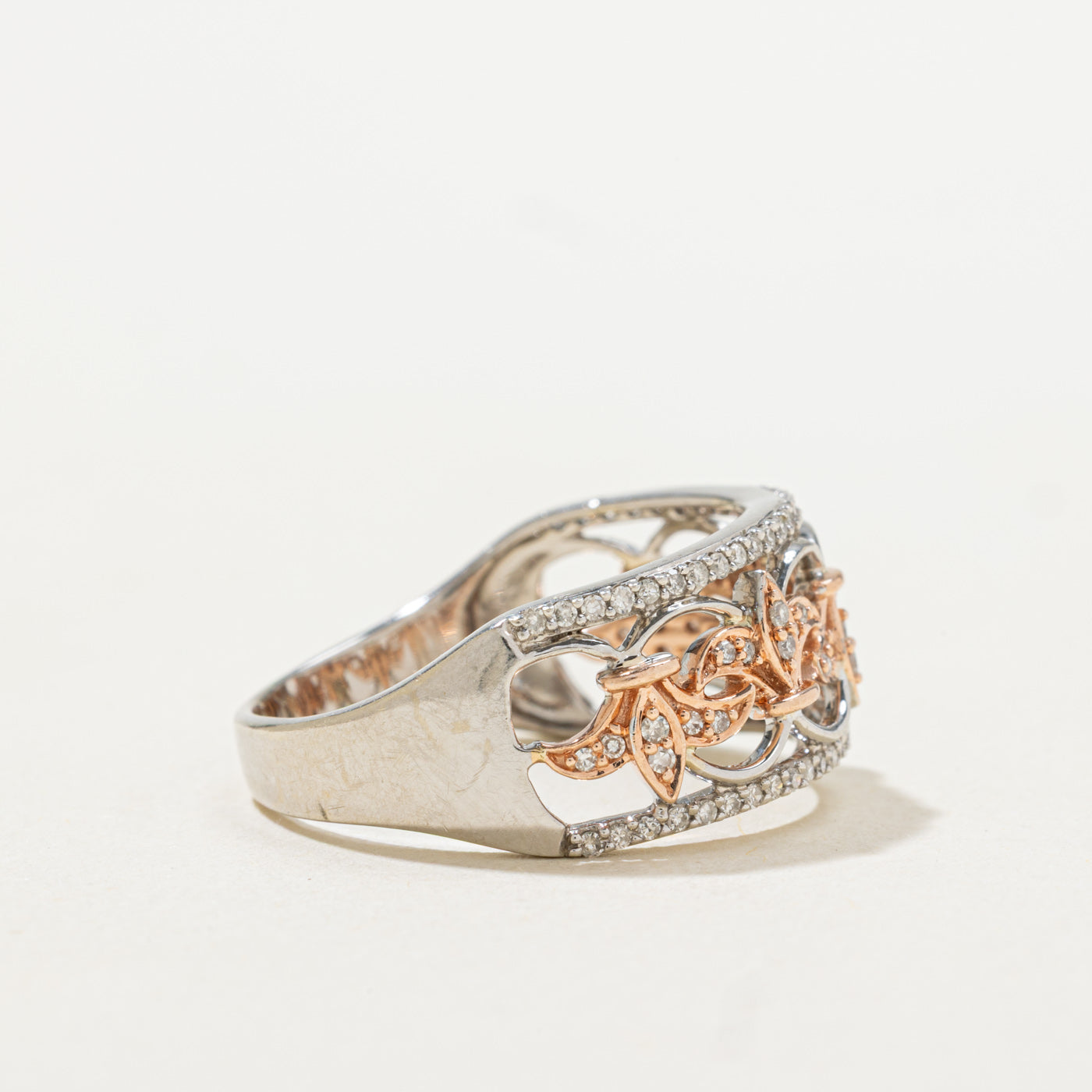 Two Tone Pave Set Diamond Floral Openwork Band | SZ 9.5 |