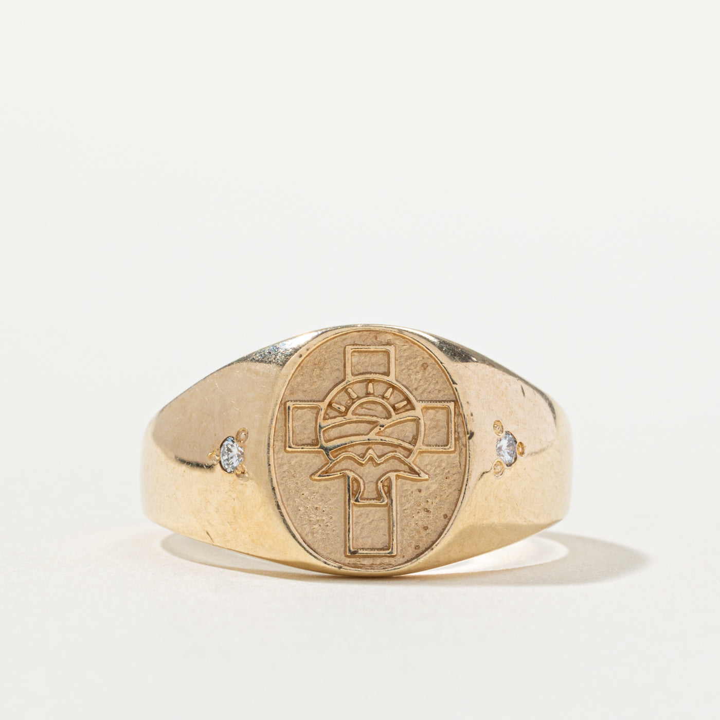 10k Diamond Cross Embossed Signet Ring | SZ 6.75