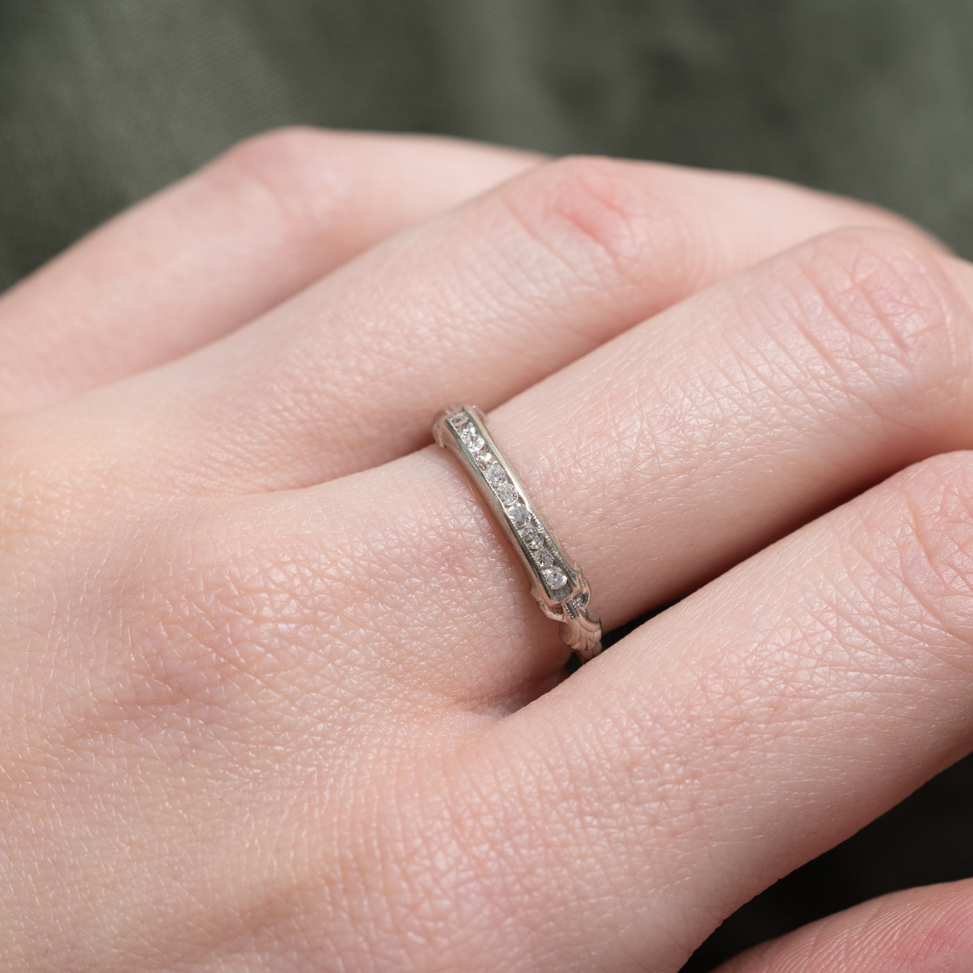 18k Channel Set Semi Eternity Diamond Engraved Band | SZ 6.5