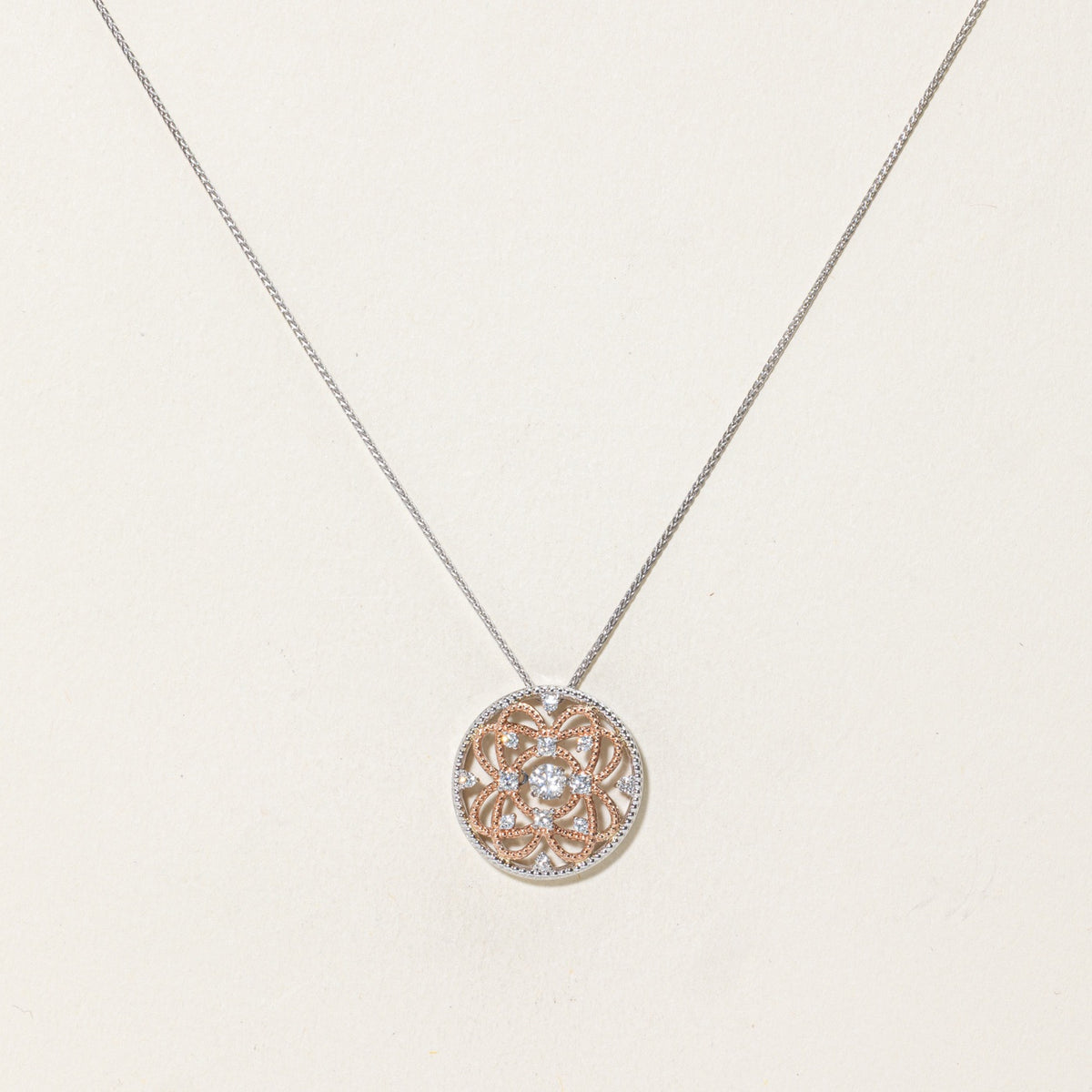 10k Two Tone Diamond Spiral Circle Pendant Necklace | 18"